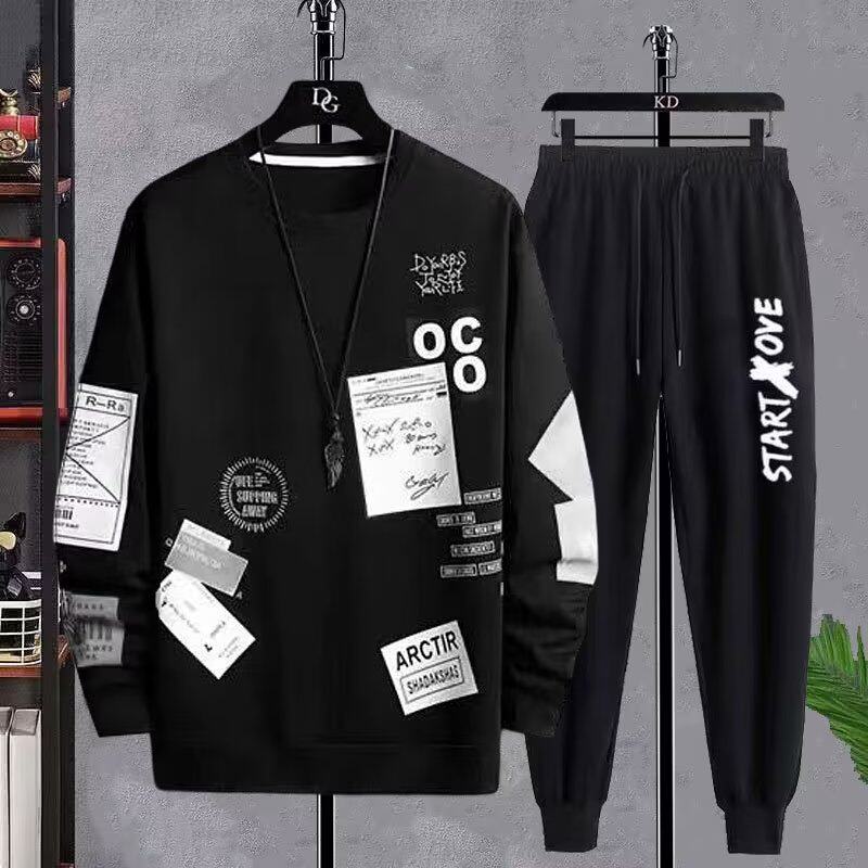 남성용 라운드 넥 풀오버 스웨트 셔츠 정장 봄 가을 청소년 및 학생 캐주얼 세트를위한 새로운 트렌디 한 루즈 2 피스 세트