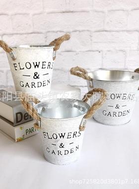 亚马逊热款 工厂源头 复古铁艺花桶花盆摆件田园家居装饰盆栽花器