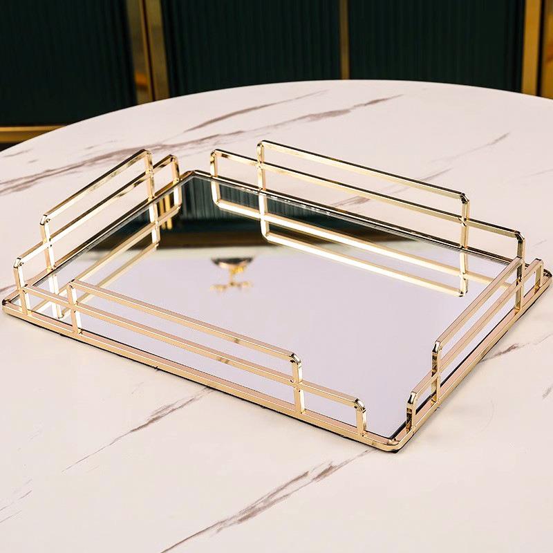 跨境欧式轻奢玻璃托盘客厅茶几镜面茶盘金属电镀水果收纳盘装饰品