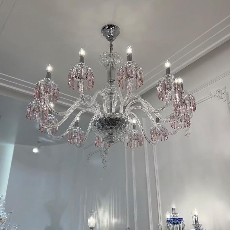 法式客厅灯餐厅吊灯楼梯设计师挑空复式别墅中古风卧室粉色水晶灯