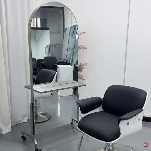 可移动美发镜子理发店镜台发廊单双面不锈钢烫染剪发镜带桌板