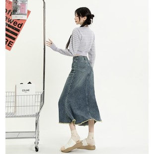KRO复古中长款牛仔半身裙新款高腰遮胯A字包臀裙百搭毛边鱼尾裙