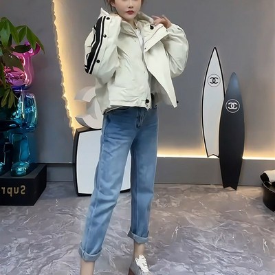 设计感条纹连帽加厚风衣女春秋2024年新款小个子宽松短款棉衣外套