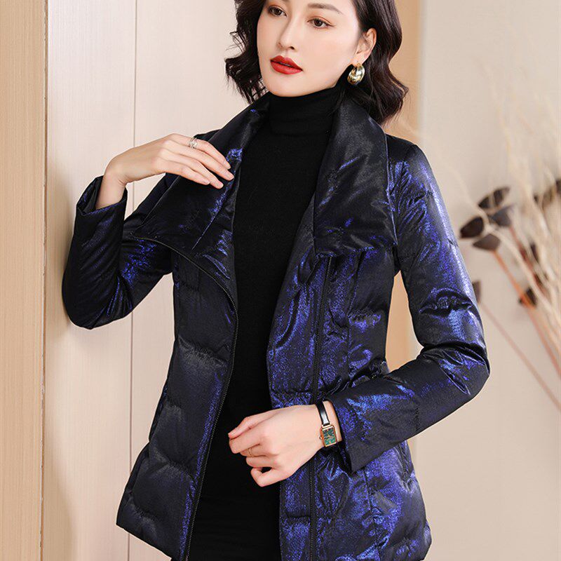 蓝色短款羽绒服女小众修身气质显瘦立领外套冬新品洋气妈妈装6205