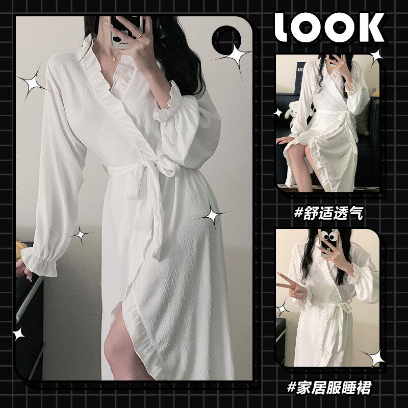春秋新款睡裙女长袖荷叶边和服睡袍白色系带浴袍中长款性感家居服