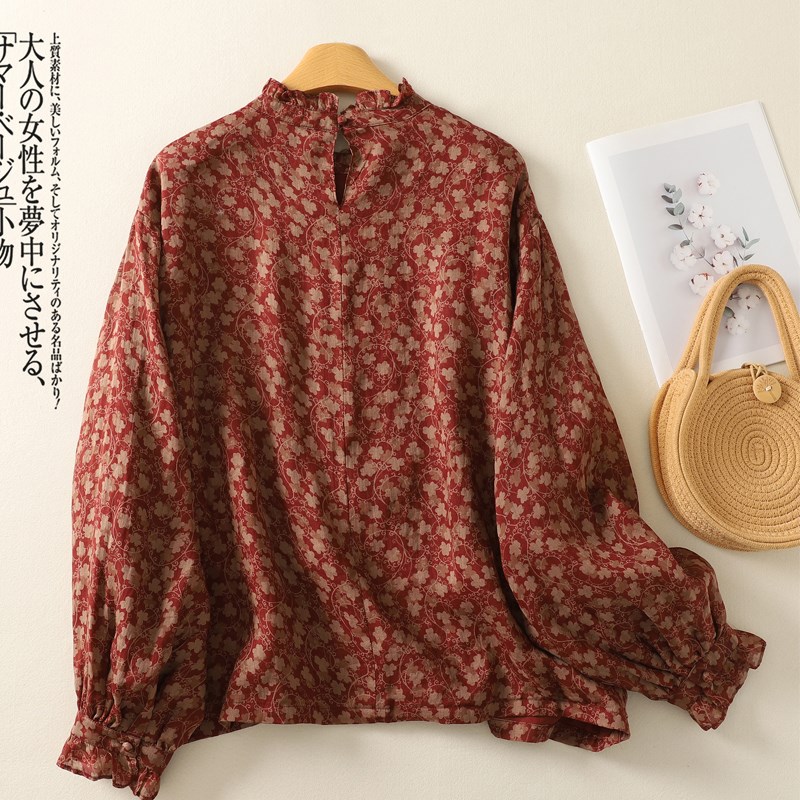 2025春新款文艺碎花衬衫上衣女洋气木耳领长袖打底衫时尚花边衬衣