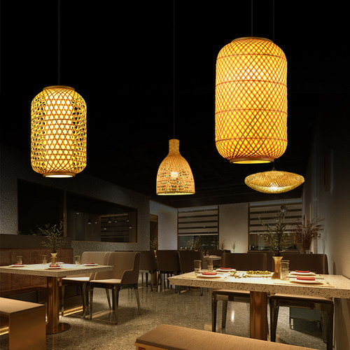 日式竹编吊灯复古藤艺草帽灯竹艺茶室饭店餐厅新中式灯笼藤编灯罩