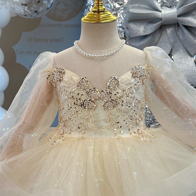 女童连衣裙夏装2024新款高级感生日礼服裙洋气女孩长袖网纱蛋糕裙