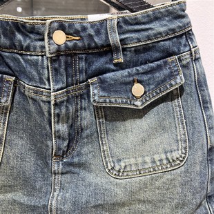 短裤女高腰2024夏季新款欧美潮酷撞色明线洗水斜纹口袋饰牛仔裙裤