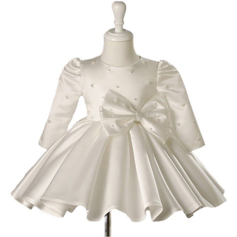 女童白色周岁生日礼服裙秋冬蝴蝶结长袖蓬蓬公主裙花童钢琴连衣裙