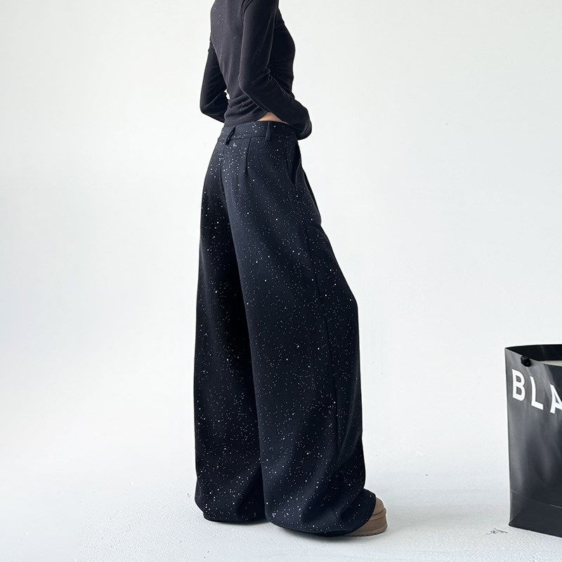 高级感撒银亮闪闪休闲裤女2024冬季加绒时尚洋气加厚阔腿直筒长裤