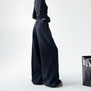 高级感撒银亮闪闪休闲裤女2024冬季加绒时尚洋气加厚阔腿直筒长裤