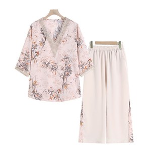 新款妈妈夏装雪纺小衫碎花衬衫女中老年人短袖上衣阔腿裤两件套装