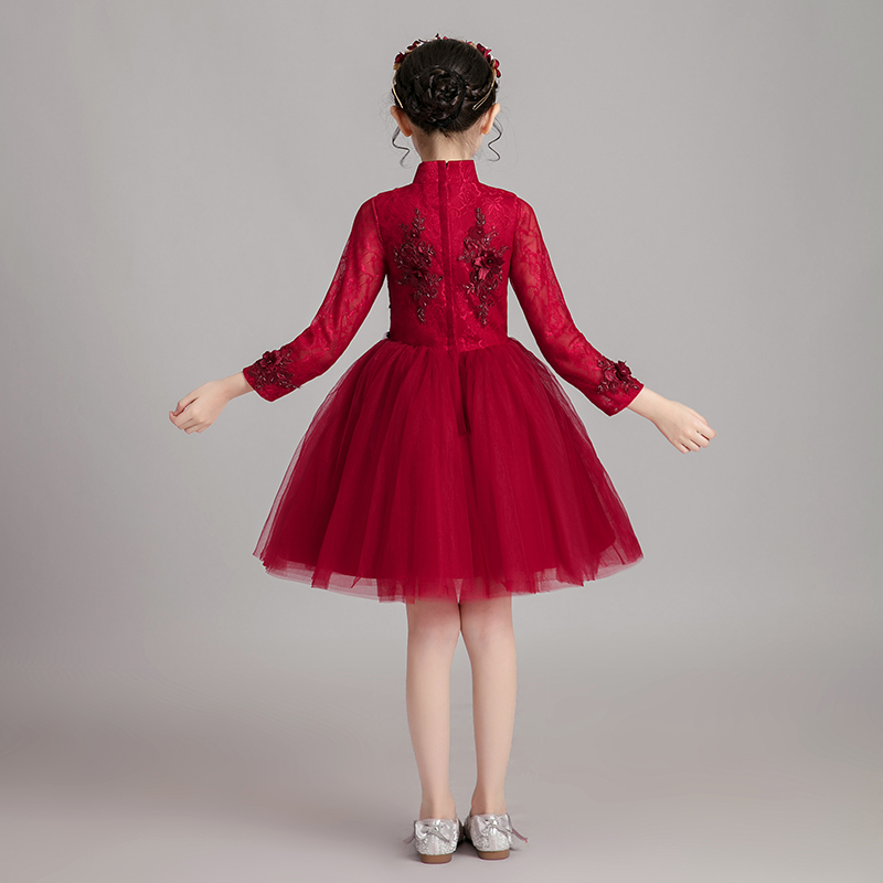 女童礼服儿童公主裙长袖小花童婚纱主持人表演服洋气钢琴演出服装