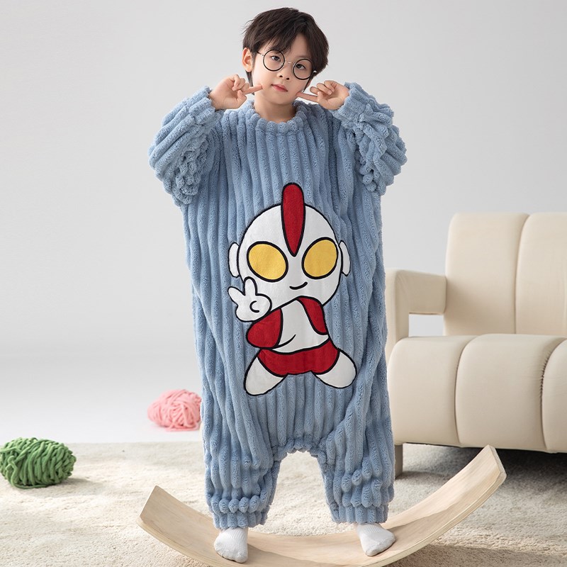 男童连体睡衣秋冬款儿童法兰绒加厚男孩珊瑚绒睡袋宝宝防踢被爬服
