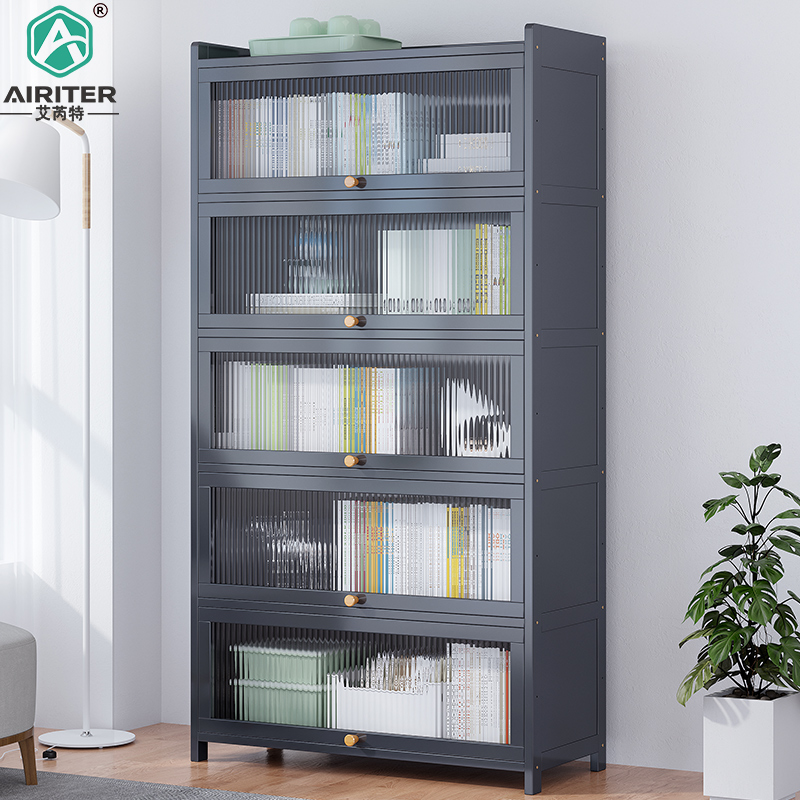 书架家用客厅置物架落地翻门书柜儿童学生书橱房间多层防尘收纳架