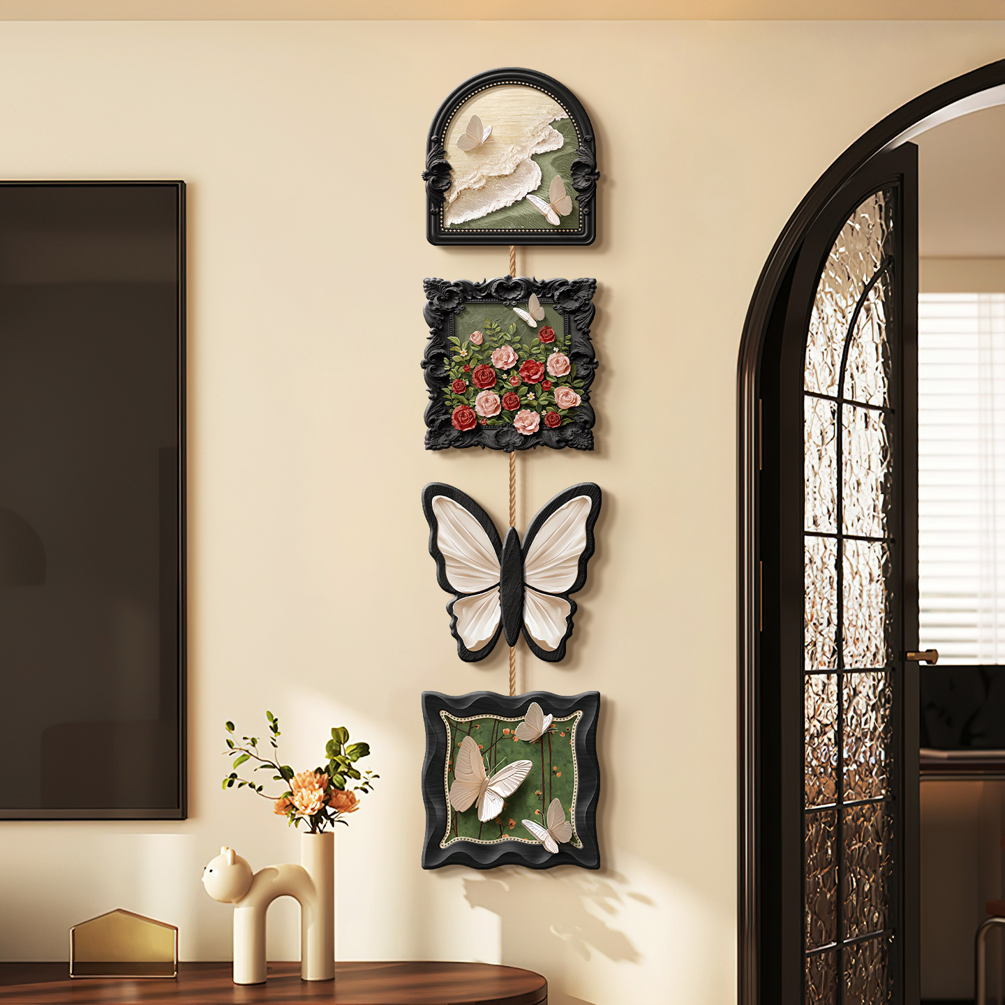 中古风玫瑰电视背景墙装饰画法式复古高级感入户玄关挂画花卉壁画图片