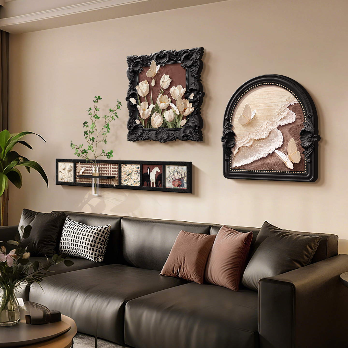 法式中古风客厅装饰画高级感沙发背景墙壁画水培绿植覆古组合挂画