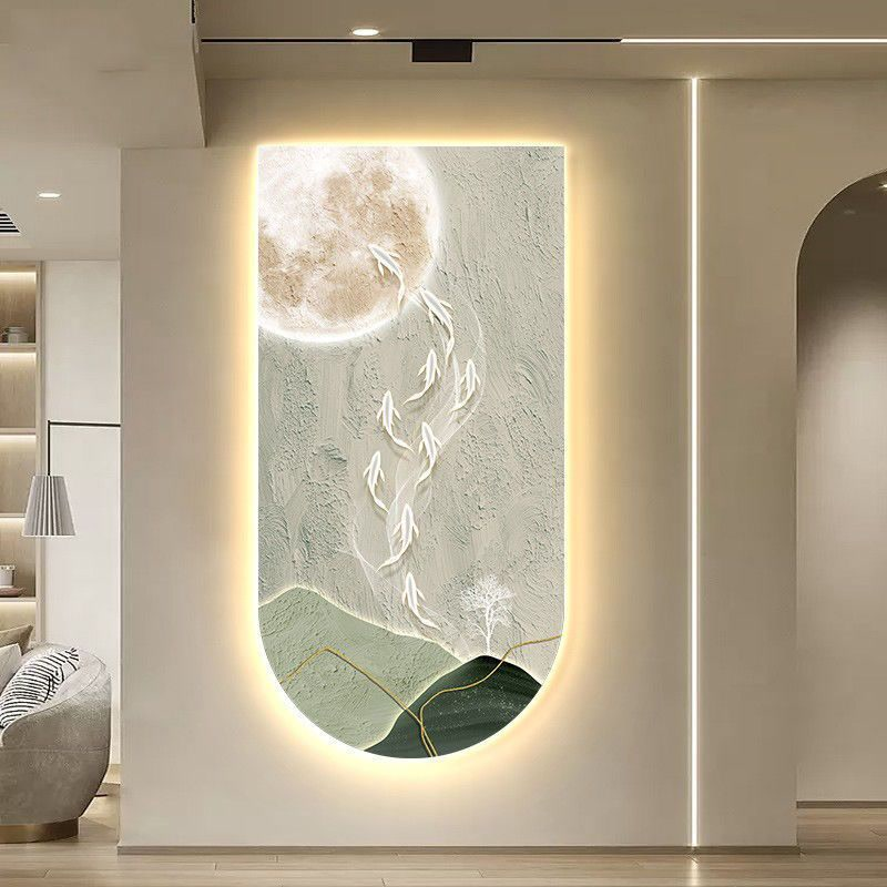 客厅玄关装饰画九鱼图中式灯画侘寂风无框壁画过道走廊肌理感挂画图片