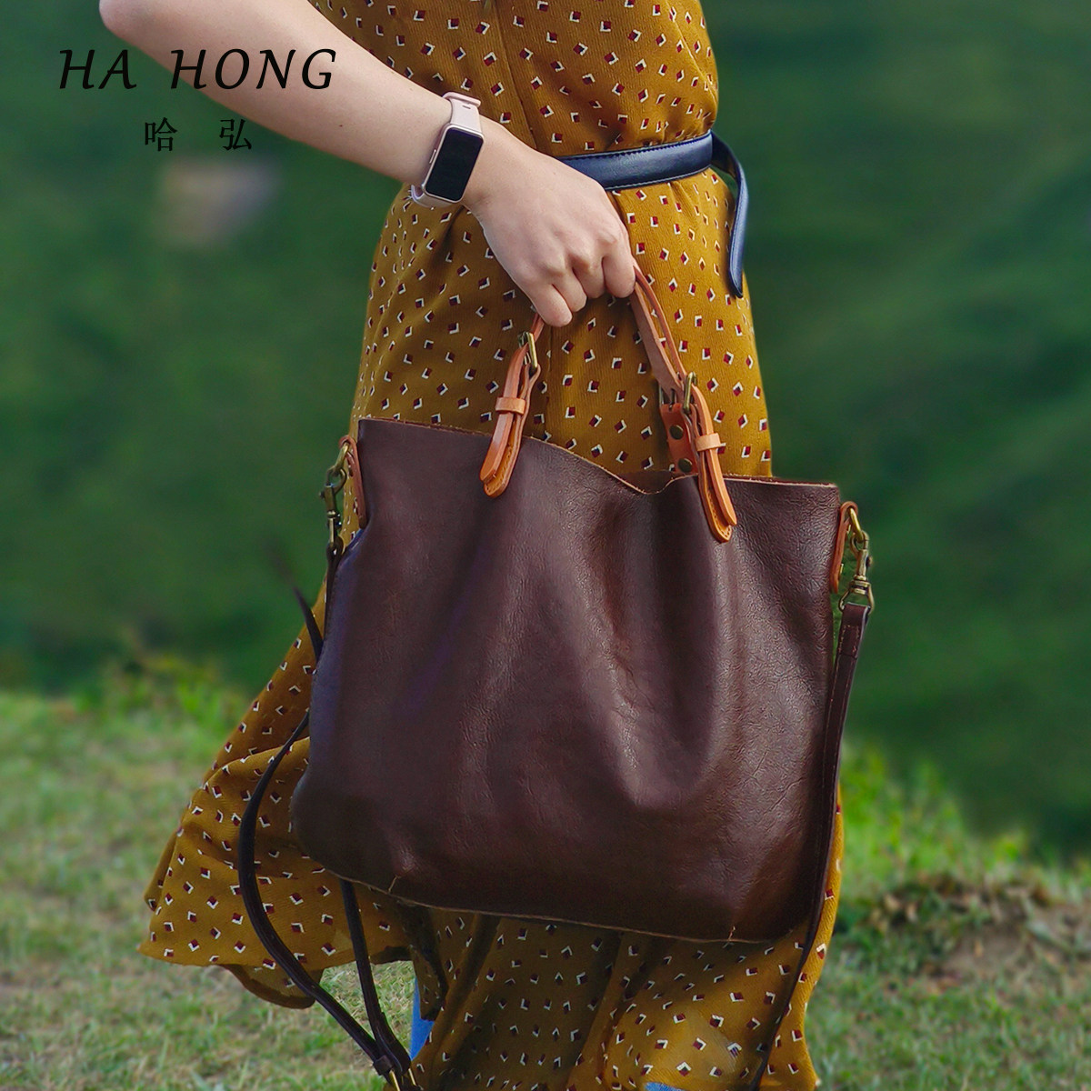 哈弘头层牛皮简约轻便单肩休闲包软皮大容量高级感小众设计斜挎包