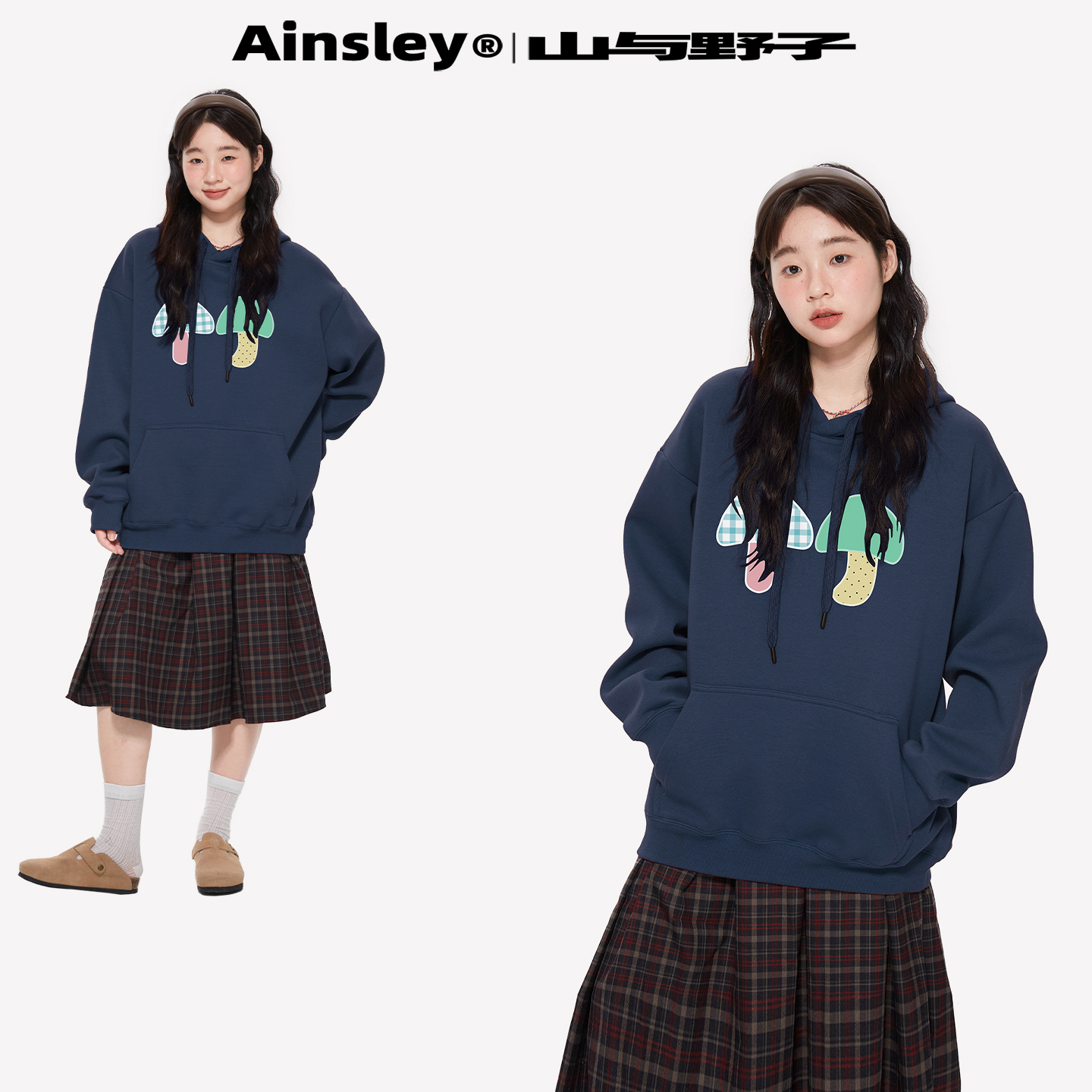 山与野子 彩绘蘑菇印花图案连帽卫衣女可爱少女休闲百搭套头上衣