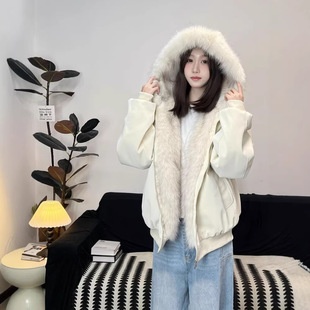 冬季新款大理石座山雕连帽棉服男女款PU皮加厚仿貂毛保暖情侣棉服