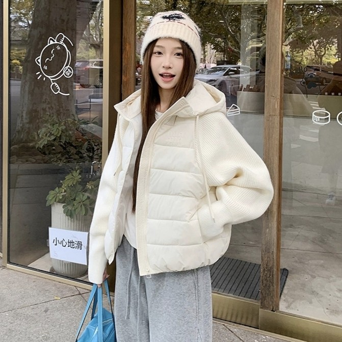 轻薄针织毛衣袖拼接羽绒棉服女短款假两件2026年冬季新款外套