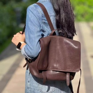 【宋佳同款】裘裘&真植鞣牛皮信使双肩包大容量上班通勤背包新款