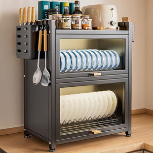 加厚厨房碗柜置物架带柜门碗柜台面双层上翻门碗碟盘收纳柜沥水架