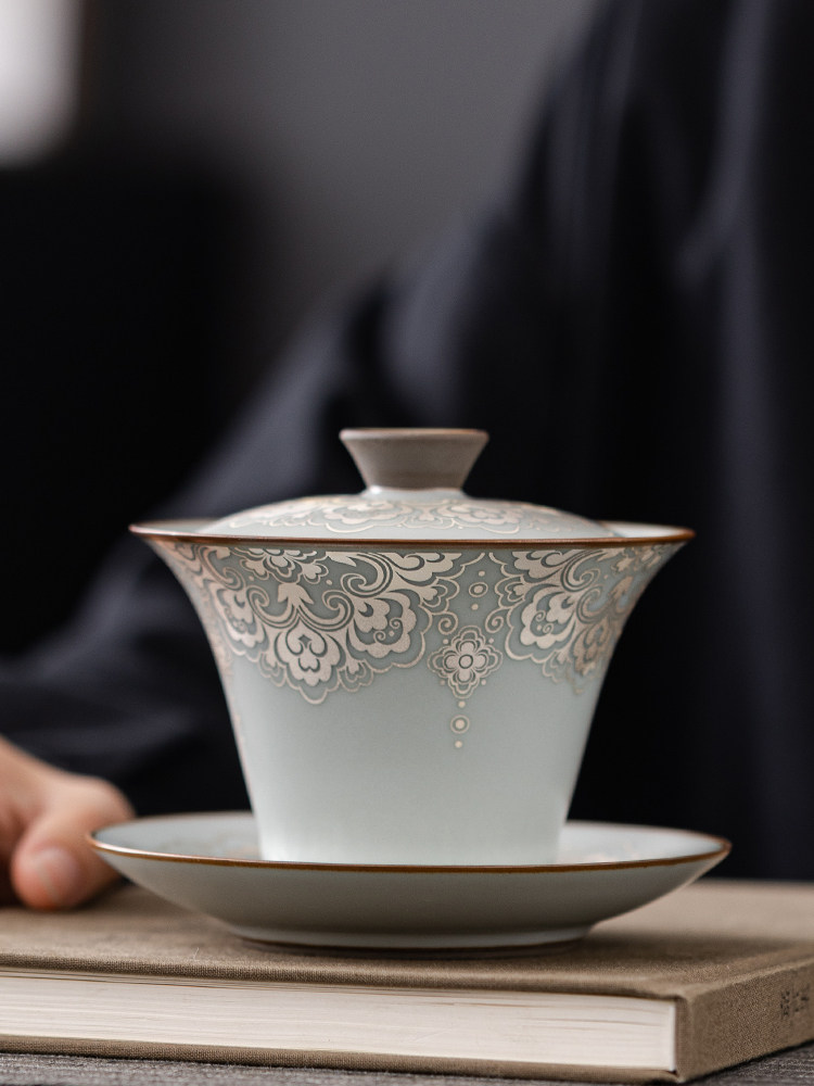 悬停旋转三才盖碗马蹄三泡台高档功夫茶具茶杯带盖颜荣聪老师手作