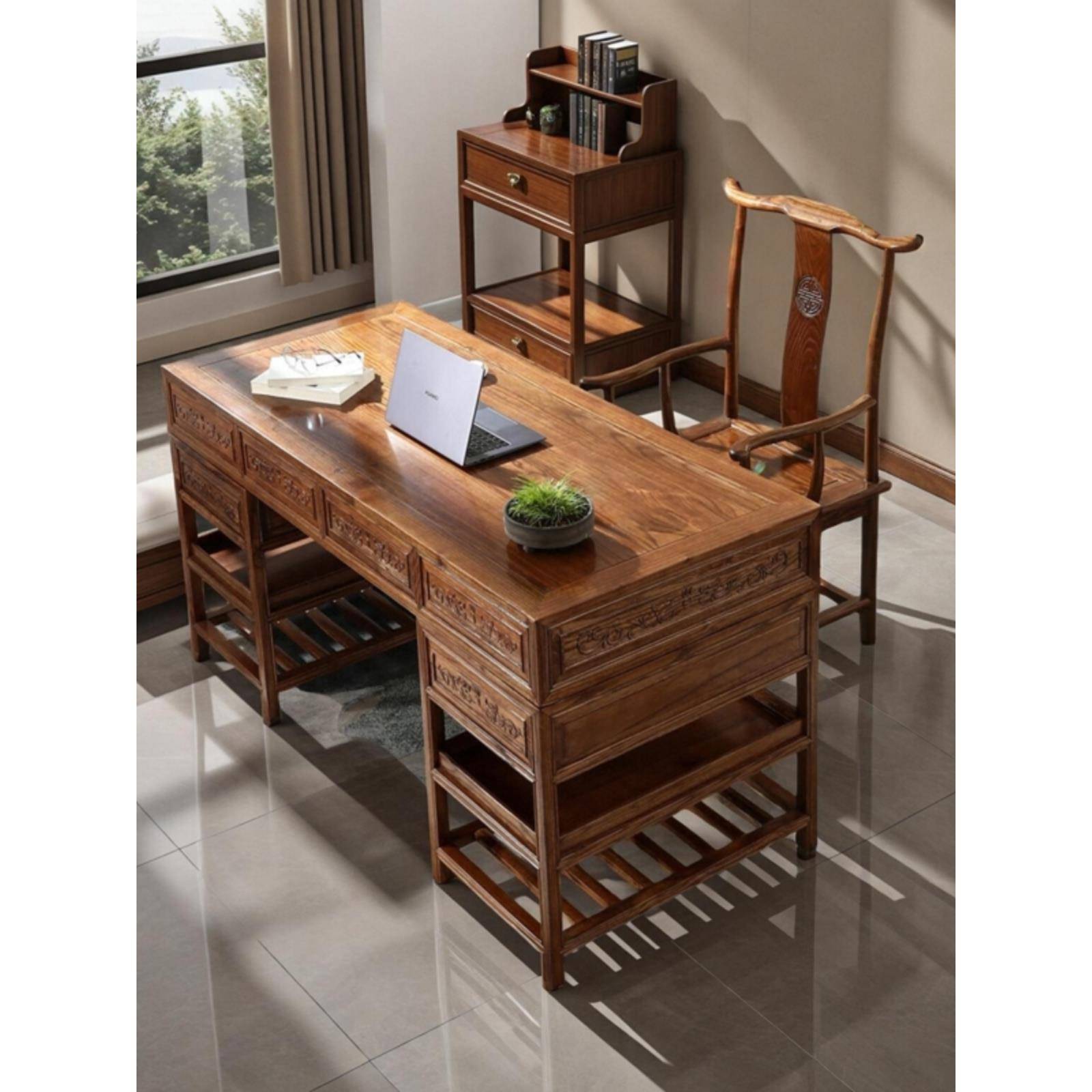 需定制新中式书房书桌实木电脑桌榆木办公桌彷古写字台书画桌中医
