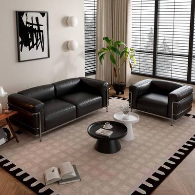 需定制意式极简lc3黑色沙发客厅直排柯布西耶双人皮艺中古风包豪