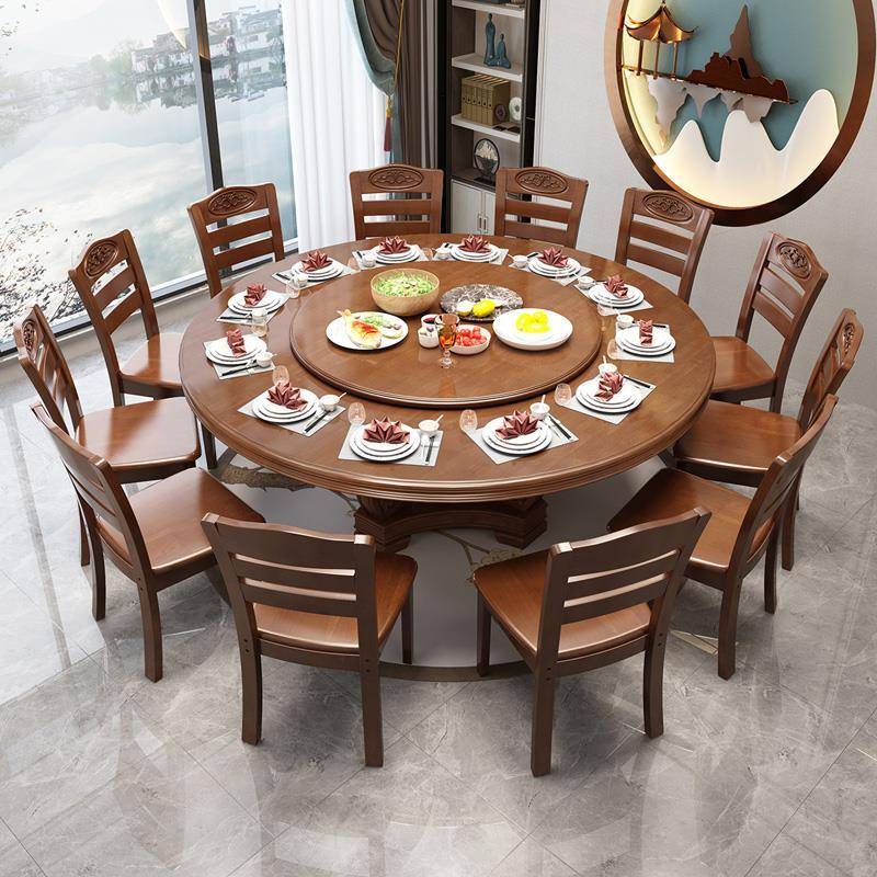 需定制实木餐桌椅组合中式家用餐桌旋转圆盘酒店圆形10人饭桌橡木