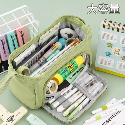 ANGOO船型大容量双层帆布笔袋多功能手提文具盒简约学生笔盒