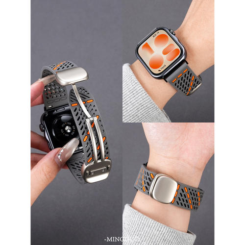适用华为手表watchFIT5斜孔硅胶镂空表带FIT5pro透气双色watchfit4/3金属圆滑磁吸扣FIT4Pro时尚腕带配件男女