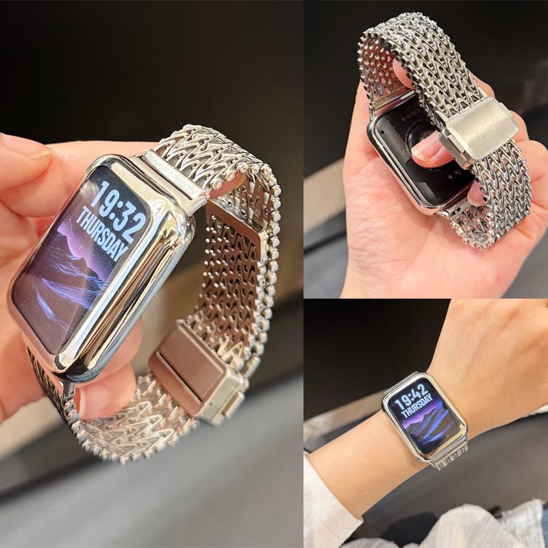 适用小米手环9Pro磁吸金属表带8Pro网格VVV纹不锈钢卡扣透气红米Redmi6时尚高级watch5配个性电镀壳腕带男女