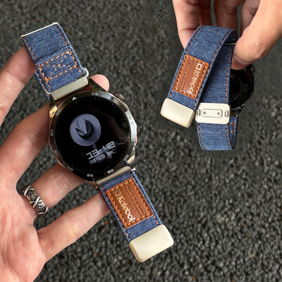 升级金属接头适用OPPOwatchX3新款磁吸扣S动感户外牛仔布OPPOwatch X2/X尼龙运动帆布手表带4Pro皮标腕带3pro