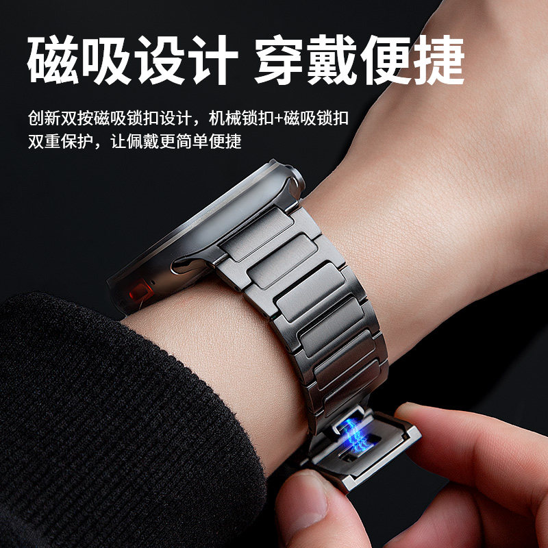 适用苹果手表ultra4表带iwatch12纯钛金属applewatch s11高级磁吸s10代/9/8/se3钛合金男士新款链式透气49mm图片