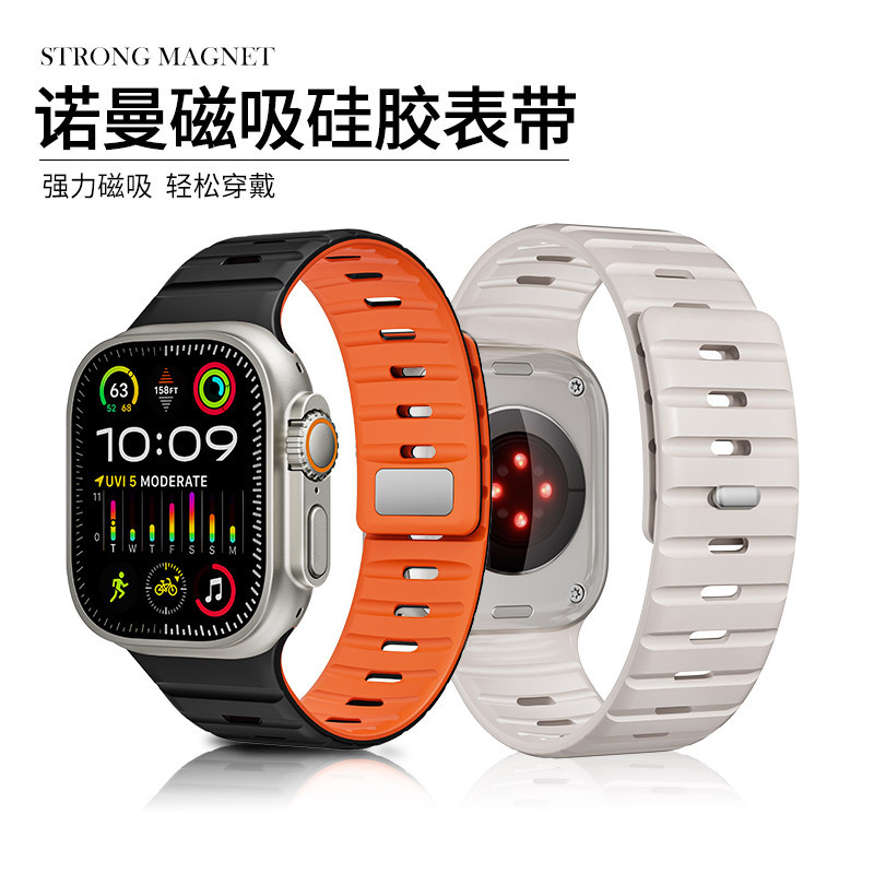 适用iwatchS11表带S10诺曼磁吸苹果ApplewatchS9腕带男士女生S10硅胶ultra3透气S8酒红女S7新款运动S11高级SE