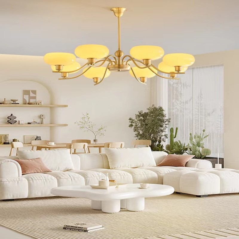 法式奶油风玻璃灯罩吊灯美式轻奢简约中古客厅书房卧室餐厅全铜灯