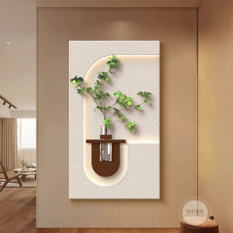 玄关水培装饰画2024年新款奶油风实物花瓶立体挂画高级砂岩壁灯画