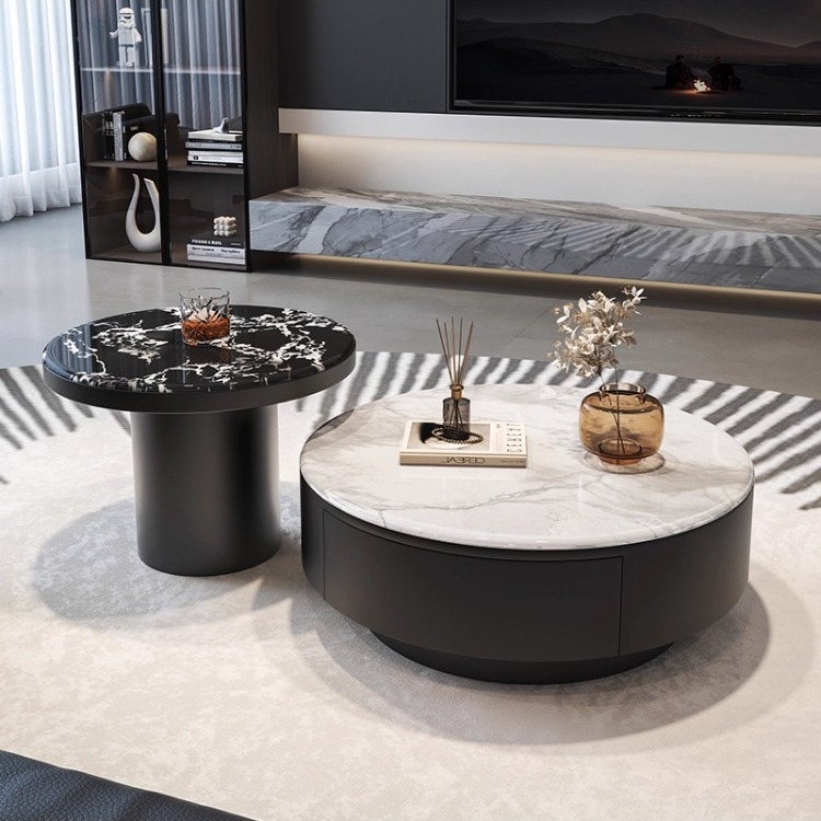 意式轻奢风实木茶几组合小圆