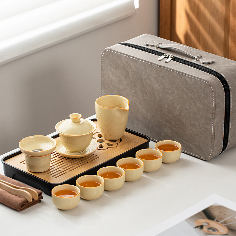 宝石黄哥窑旅行茶具套组家用陶瓷功夫喝茶杯户外露营可携式收纳包