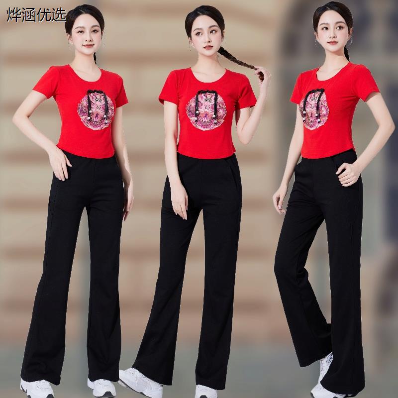 2024夏季时尚广场舞服装新款刺绣短袖运动服套装跳舞衣服两件套棉