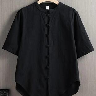 大码300斤新中式唐装短袖衬衫男女装夏季宽松盘扣亚麻衬衣居士服2