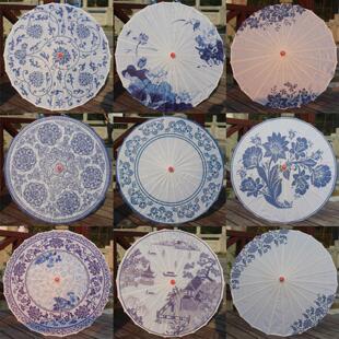 青花瓷伞装饰儿童古典走秀防晒旗袍汉服油纸伞古装中国风古典绸布