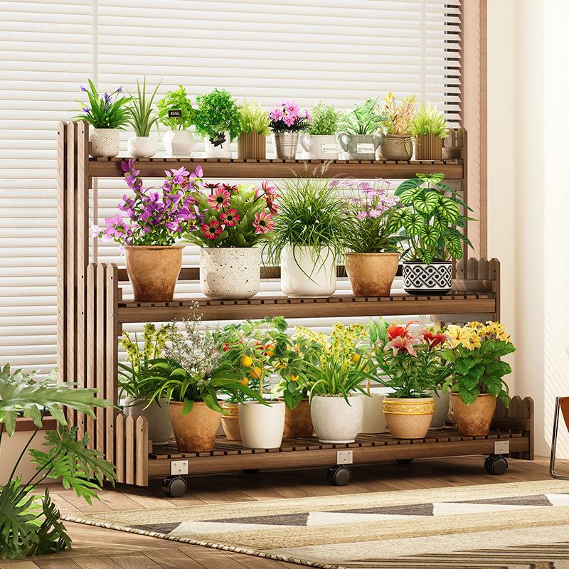实木花架田园风可移动置物架阳台客厅落地式阶梯式多层植物花托架