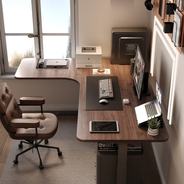 【国内发货】wzo黑胡桃实木转角升降书桌L型电动电脑桌拐角书桌