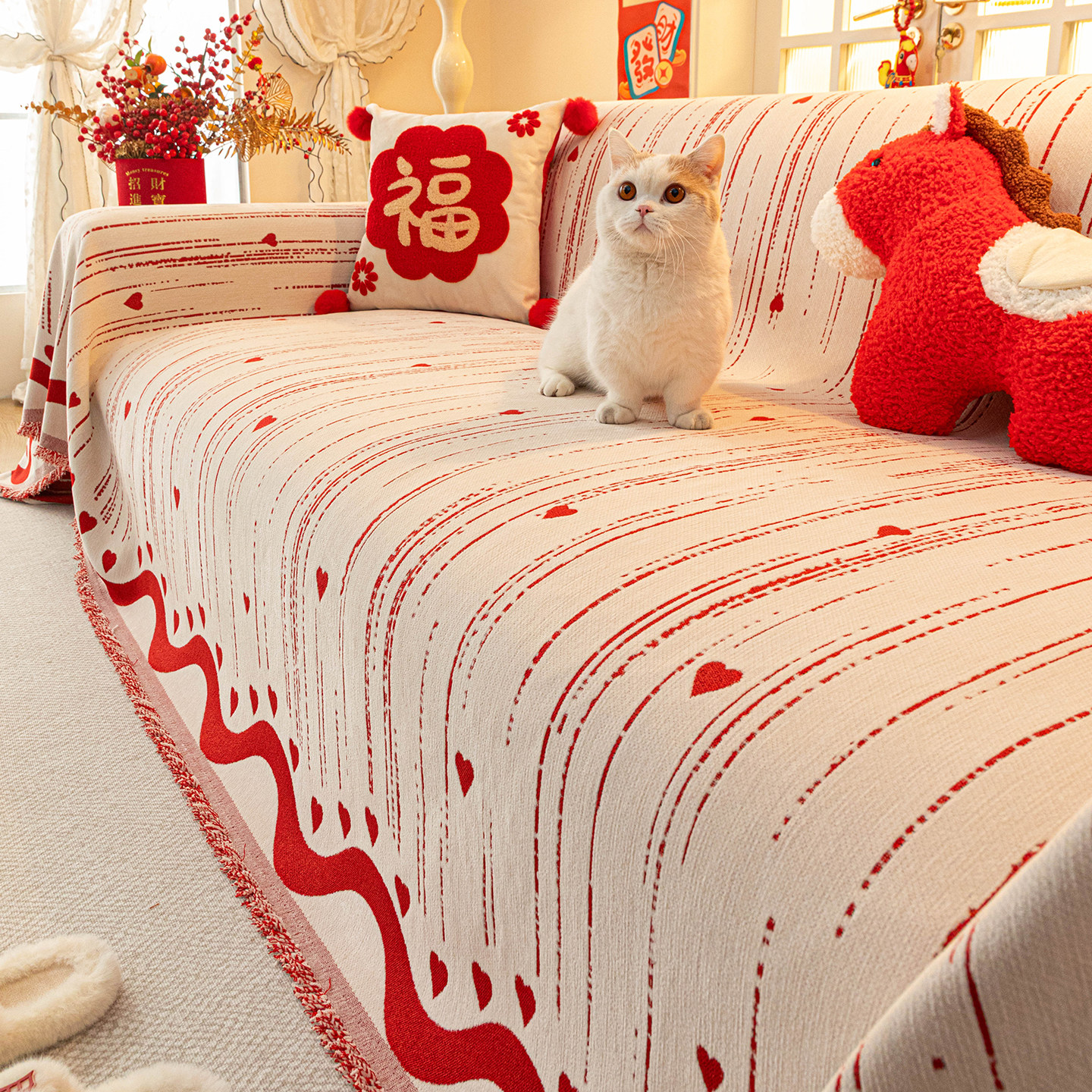 2026新款结婚喜庆红色沙发盖布一整张盖毯轻奢高级防滑坐垫套罩巾,居家布艺,沙发垫,淘宝优惠券,粉丝福利购,淘宝优惠卷