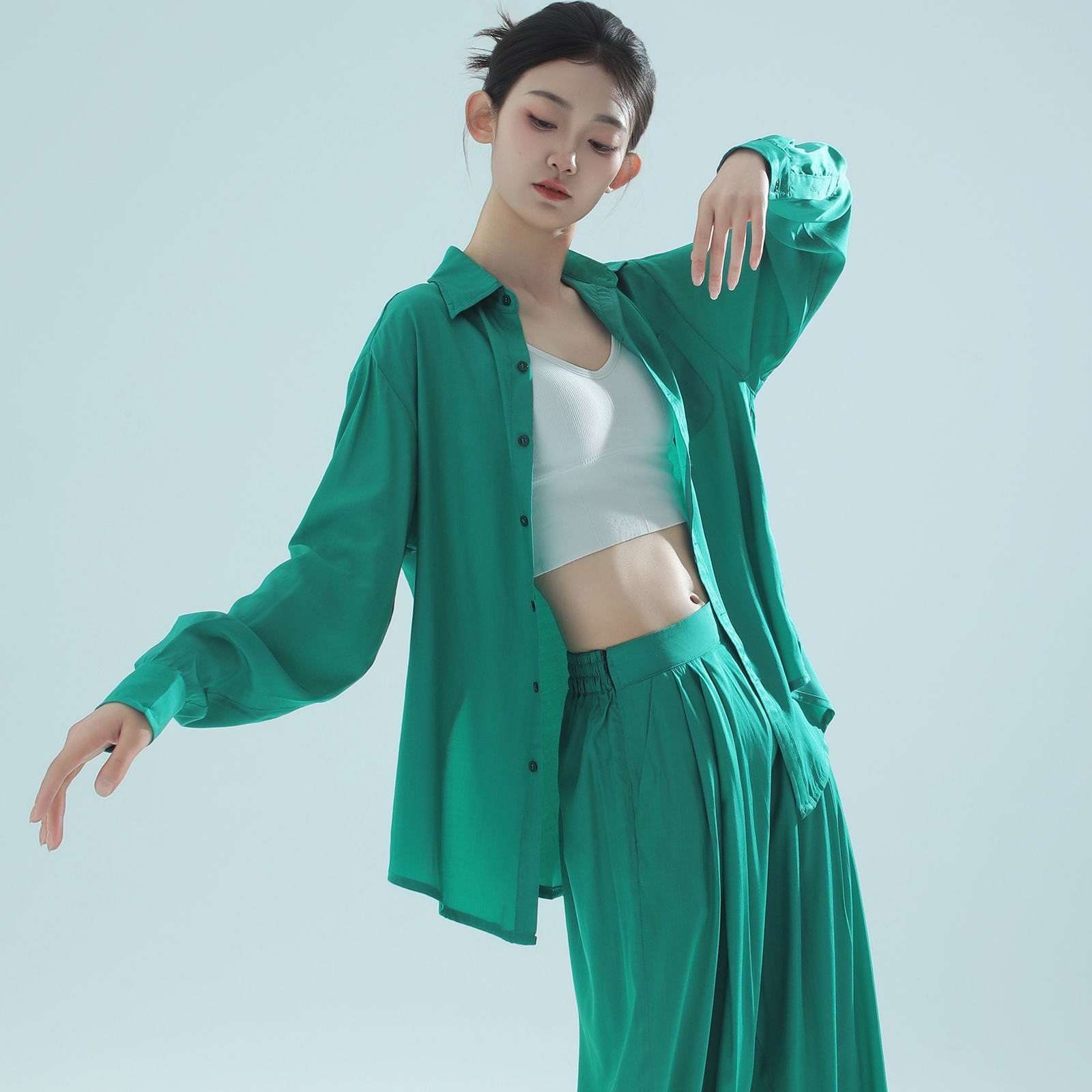 青蝶舞新款现代舞练功服开衩宽松衬衫艺考舞蹈服套装飘逸舞蹈服装